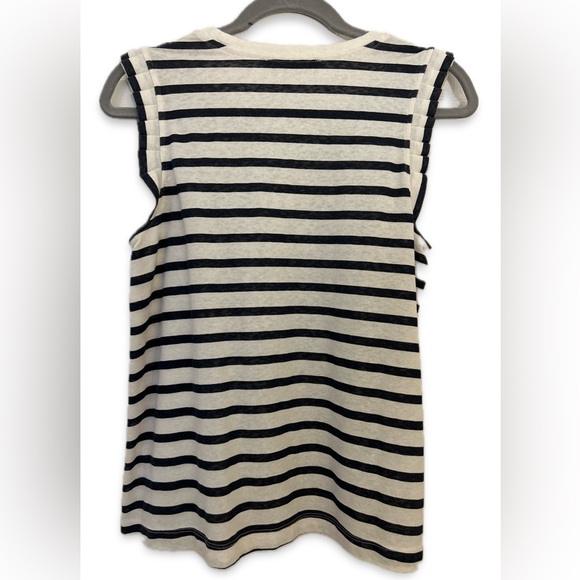Ann Taylor LOFT sleeveless ruffle detail navy/white striped blouse, size M - Picture 4 of 7